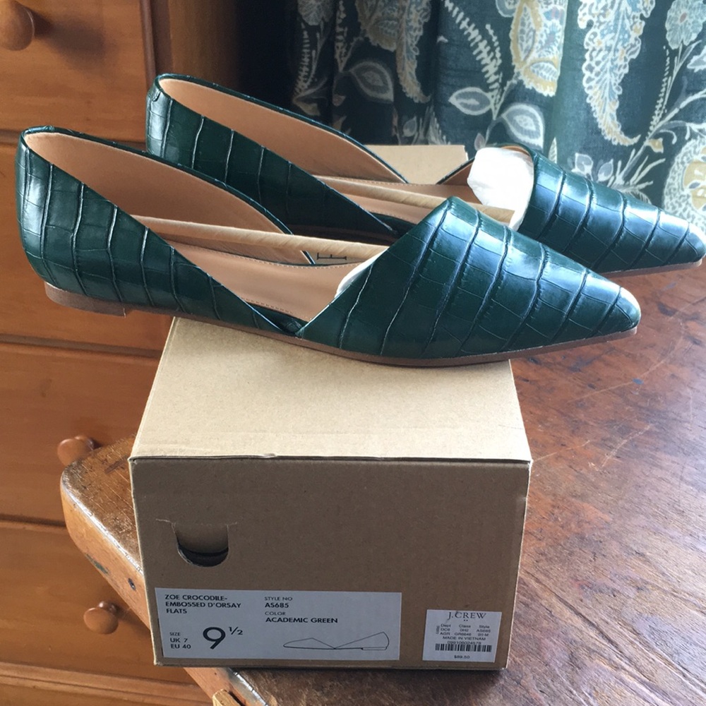 🐊 J. Crew Croc-Embossed Pointed D’Orsay Slip-Ons in Academic Green 9.5